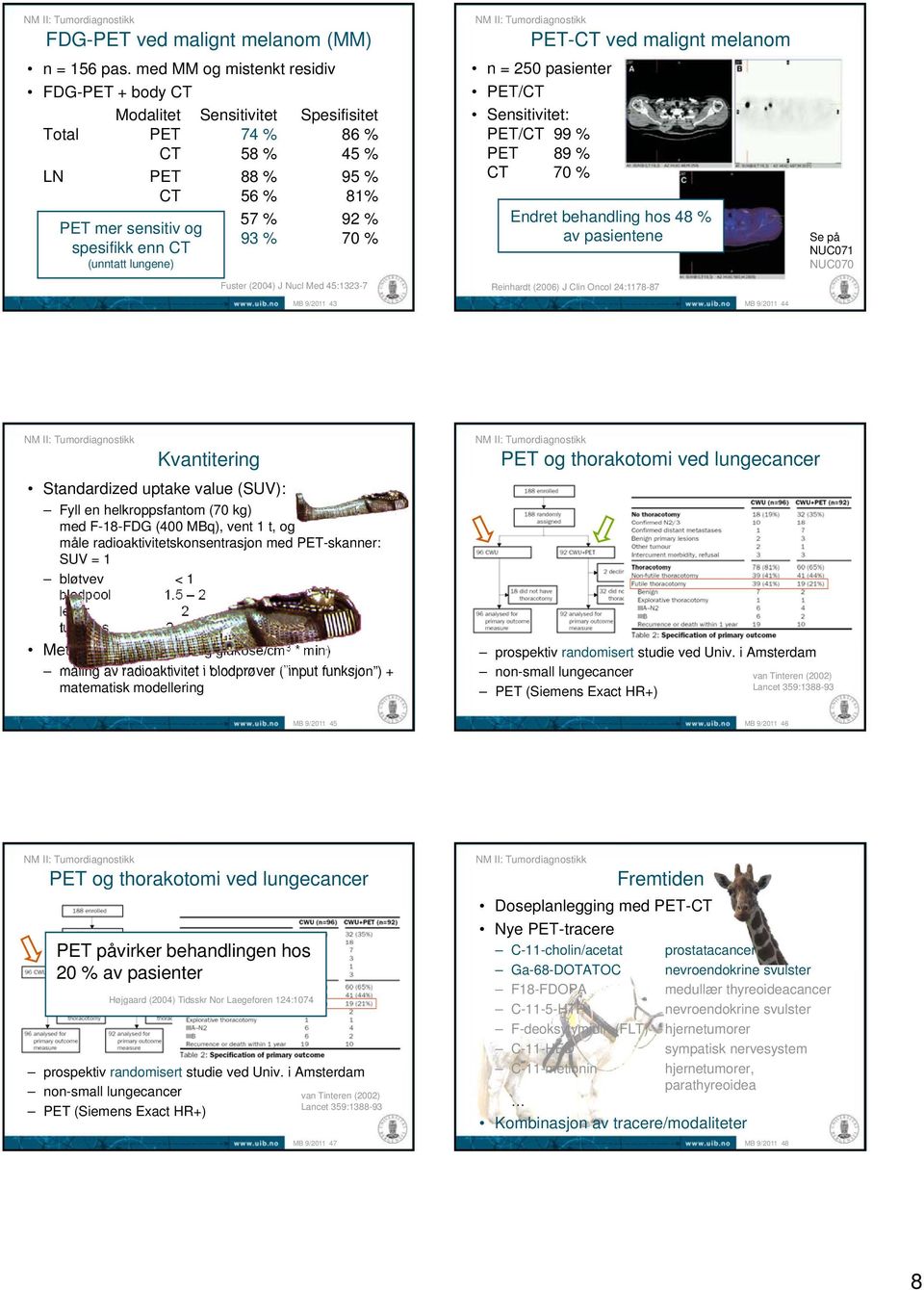 spesifikk enn CT (unntatt lungene) Fuster (2004) J Nucl Med 45:1323-7 43 PET-CT ved malignt melanom n = 250 pasienter PET/CT Sensitivitet: PET/CT 99 % PET 89 % CT 70 % Endret behandling hos 48 % av