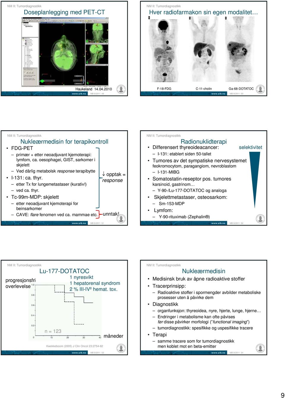 oesophagei, GIST, sarkomer i skjelett Ved dårlig metabolsk response terapibytte I-131: ca. thyr. etter Tx for lungemetastaser (kurativ!) ved ca. thyr. Tc-99m-MDP: skjelett etter neoadjuvant kjemoterapi for beinsarkomer CAVE: flare fenomen ved ca.