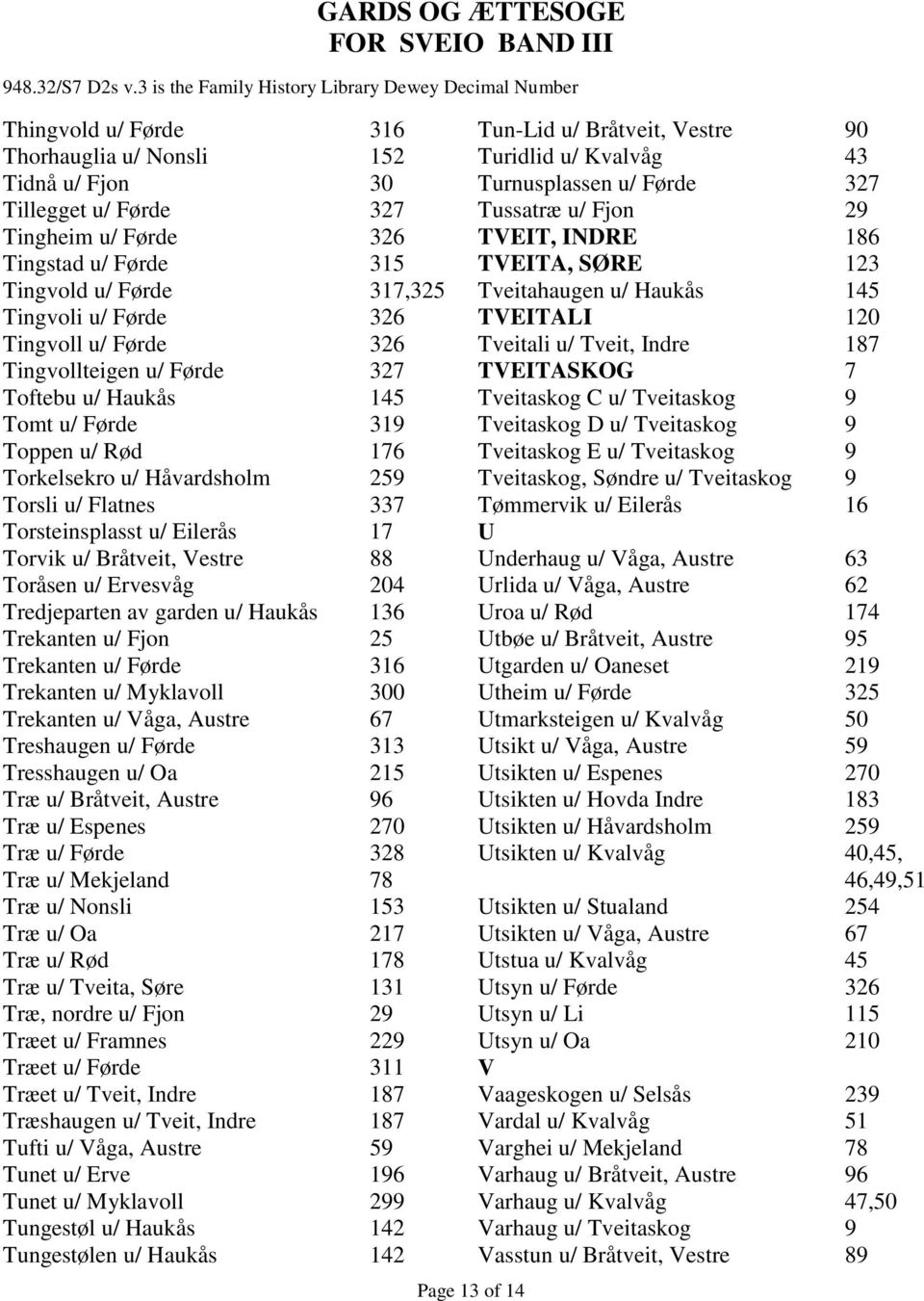 88 Toråsen u/ Ervesvåg 204 Tredjeparten av garden u/ Haukås 136 Trekanten u/ Fjon 25 Trekanten u/ Førde 316 Trekanten u/ Myklavoll 300 Trekanten u/ Våga, Austre 67 Treshaugen u/ Førde 313 Tresshaugen