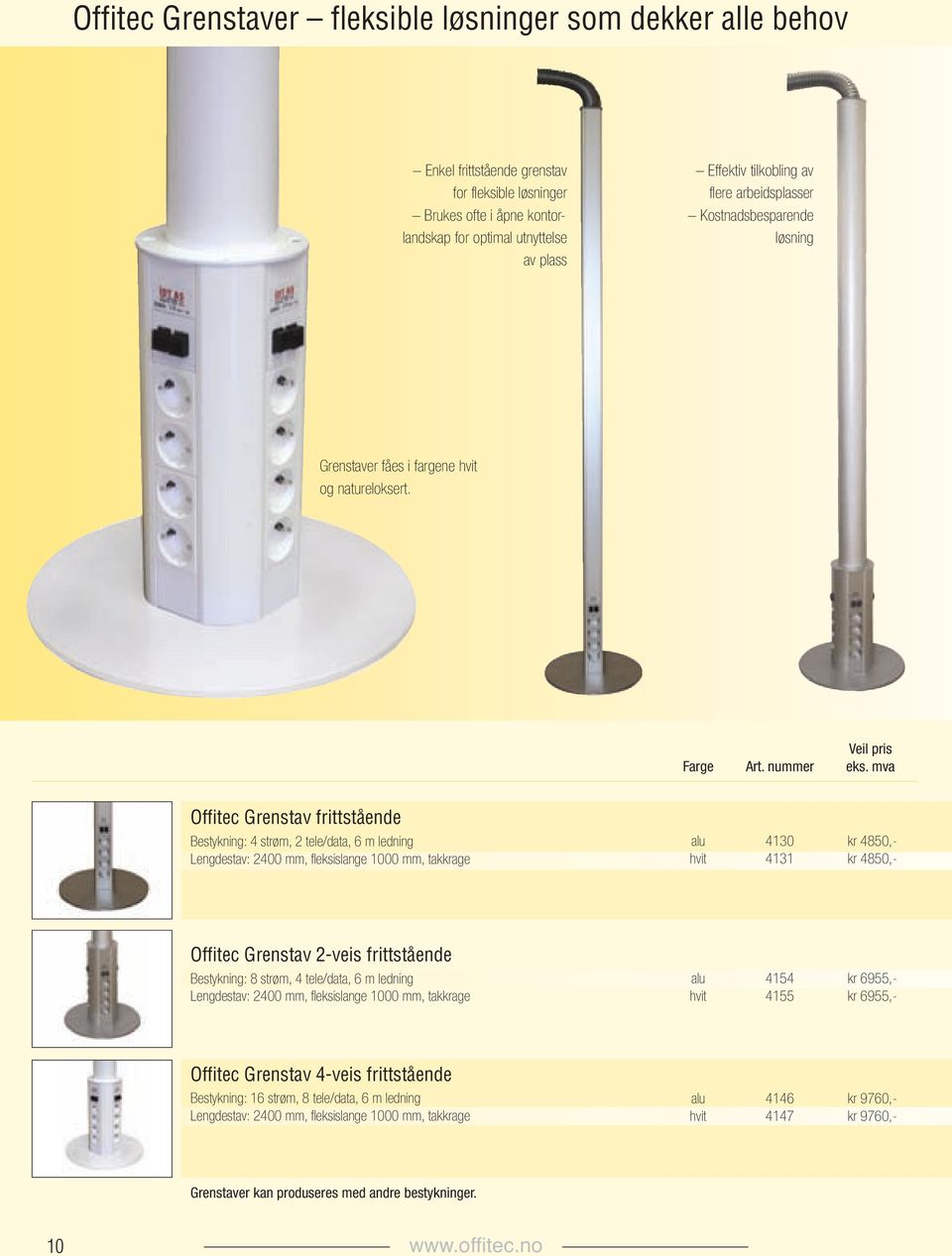 mva Offitec Grenstav frittstående Bestykning: 4 strøm, 2 tele/data, 6 m ledning Lengdestav: 2400 mm, fleksislange 1000 mm, takkrage alu 4130 kr 4850,- hvit 4131 kr 4850,- Offitec Grenstav 2-veis