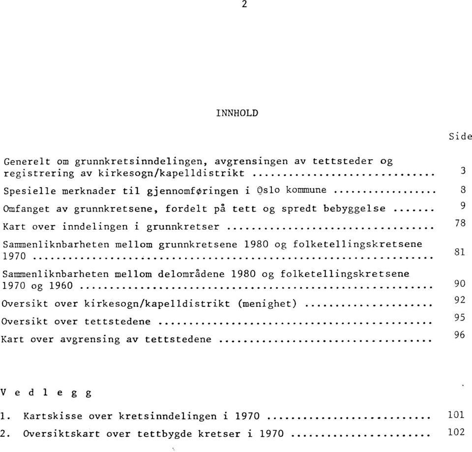 folketellingskretsene 1970 Sammenliknbarheten mellom delområdene 1980 og folketellingskretsene 1970 og 1960 Oversikt over kirkesogn/kapelldistrikt (menighet) Oversikt