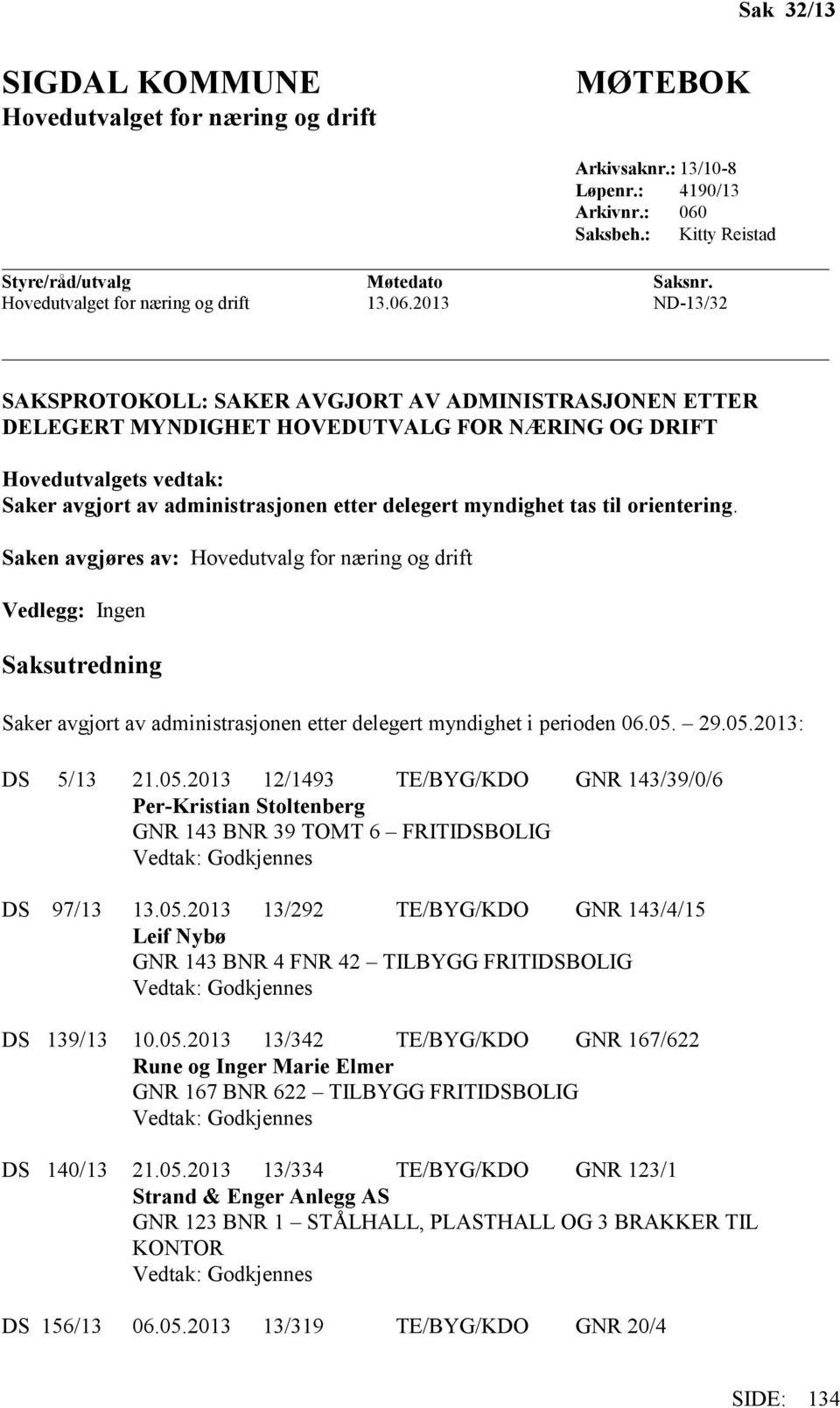 2013 ND-13/32 SAKSPROTOKOLL: SAKER AVGJORT AV ADMINISTRASJONEN ETTER DELEGERT MYNDIGHET HOVEDUTVALG FOR NÆRING OG DRIFT Hovedutvalgets vedtak: Saker avgjort av administrasjonen etter delegert