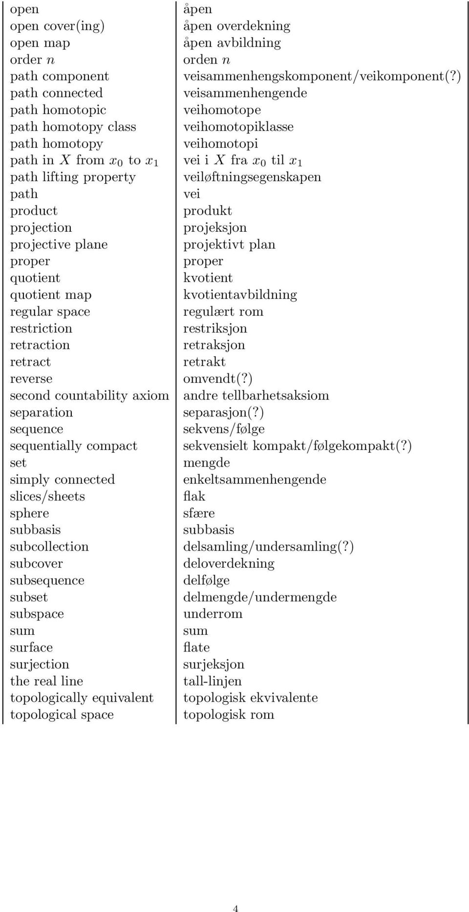 veiløftningsegenskapen path vei product produkt projection projeksjon projective plane projektivt plan proper proper quotient kvotient quotient map kvotientavbildning regular space regulært rom