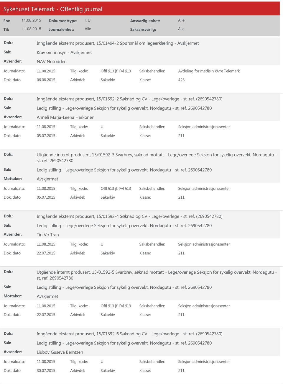 2015 Arkivdel: Sakarkiv tgående internt produsert, 15/01592-3 Svarbrev, søknad mottatt - Lege/overlege Seksjon for sykelig overvekt, Nordagutu - st. ref. 2690542780 Dok. dato: 05.07.