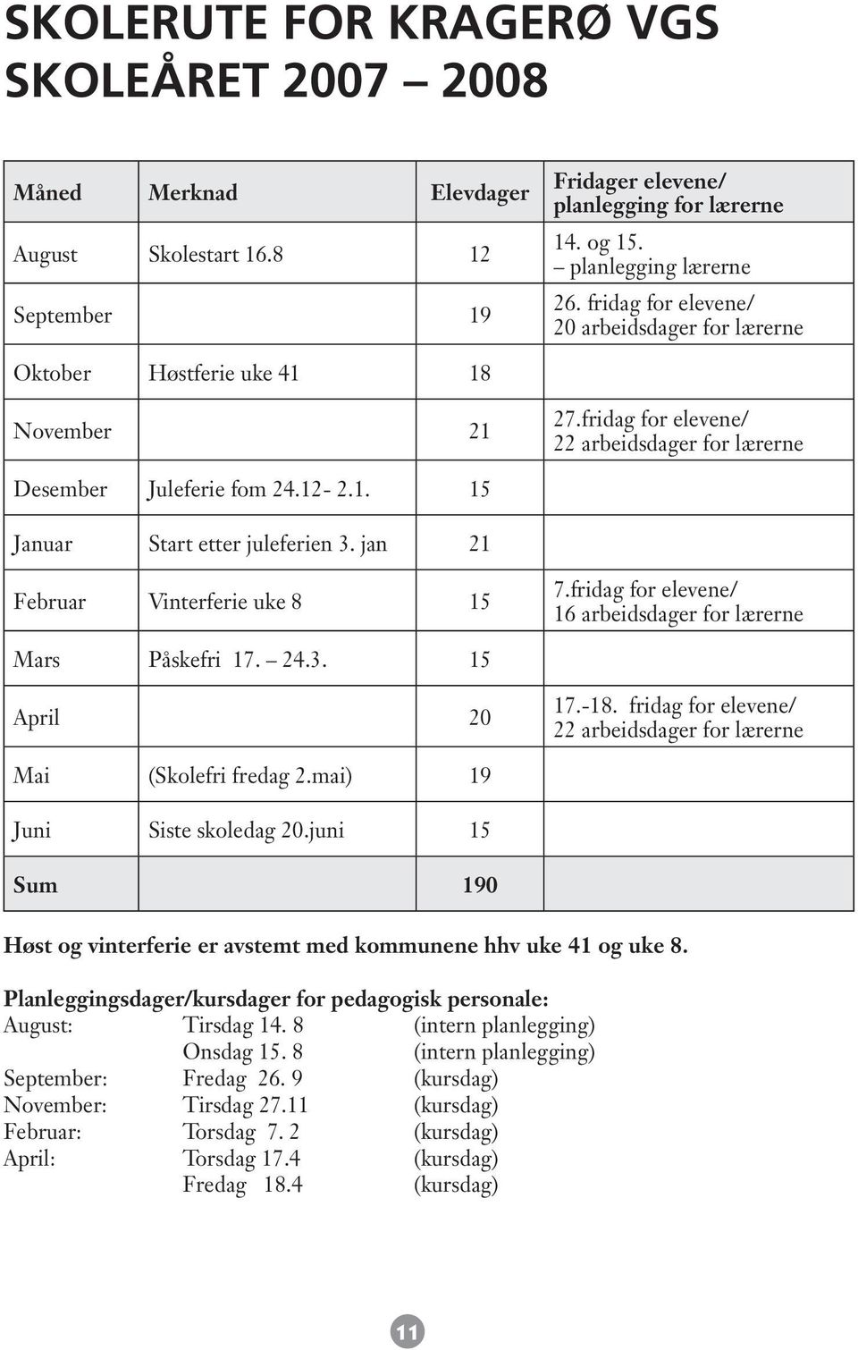 jan 21 Februar Vinterferie uke 8 15 7.fridag for elevene/ 16 arbeidsdager for lærerne Mars Påskefri 17. 24.3. 15 April 20 17.-18.