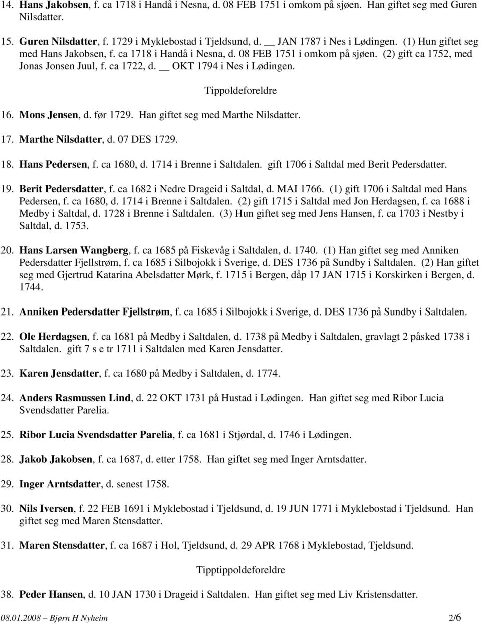 OKT 1794 i Nes i Lødingen. Tippoldeforeldre 16. Mons Jensen, d. før 1729. Han giftet seg med Marthe Nilsdatter. 17. Marthe Nilsdatter, d. 07 DES 1729. 18. Hans Pedersen, f. ca 1680, d.