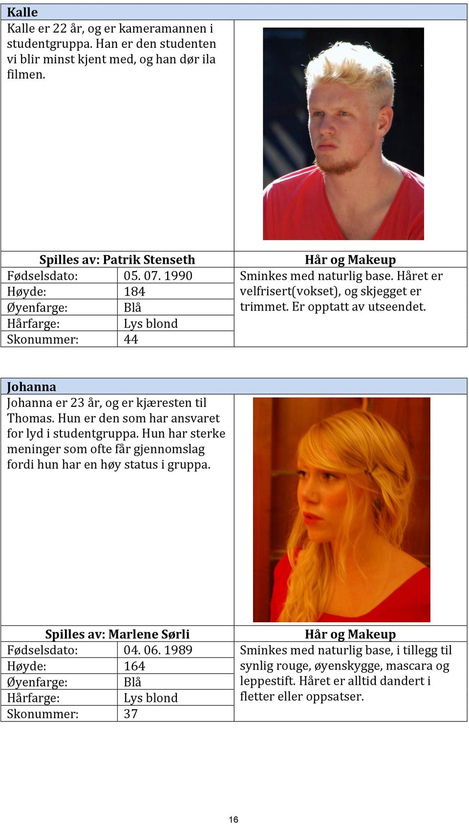 Hårfarge: Lys blond Skonummer: 44 Johanna Johanna er 23 år, og er kjæresten til Thomas. Hun er den som har ansvaret for lyd i studentgruppa.