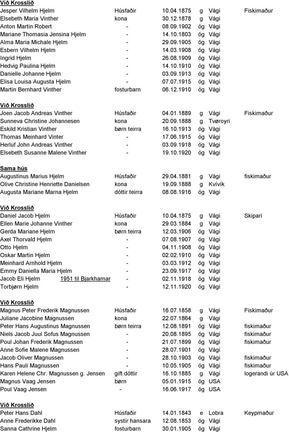 07.1915 óg Vági Martin Bernhard Vinther fosturbarn 06.12.1910 óg Vági Við Krosslið Joen Jacob Andreas Vinther Húsfaðir 04.01.1889 g Vági Fiskimaður Sunneva Christine Johannesen kona 20.09.