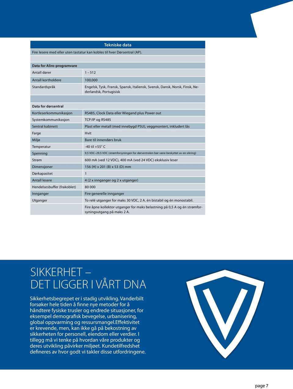 dørsentral Kortleserkommunikasjon RS485, Clock Data eller Wiegand plus Power out Systemkommunikasjon TCP/IP og RS485 Sentral kabinett Plast eller metall (med iebygd PSU), veggmontert, inkludert lås