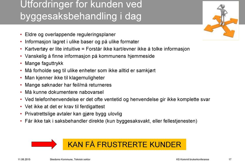 ikke til klagemuligheter Mange søknader har feil/må returneres Må kunne dokumentere nabovarsel Ved telefonhenvendelse er det ofte ventetid og henvendelse gir ikke komplette svar Vet ikke