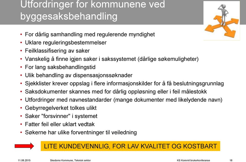 å få beslutningsgrunnlag Saksdokumenter skannes med for dårlig oppløsning eller i feil målestokk Utfordringer med navnestandarder (mange dokumenter med likelydende navn)