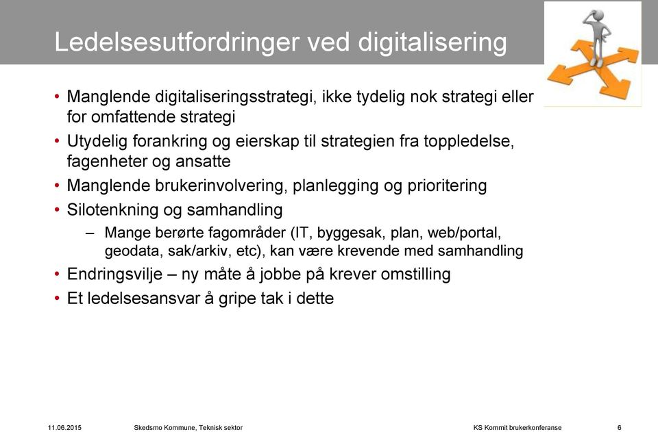 planlegging og prioritering Silotenkning og samhandling Mange berørte fagområder (IT, byggesak, plan, web/portal, geodata,