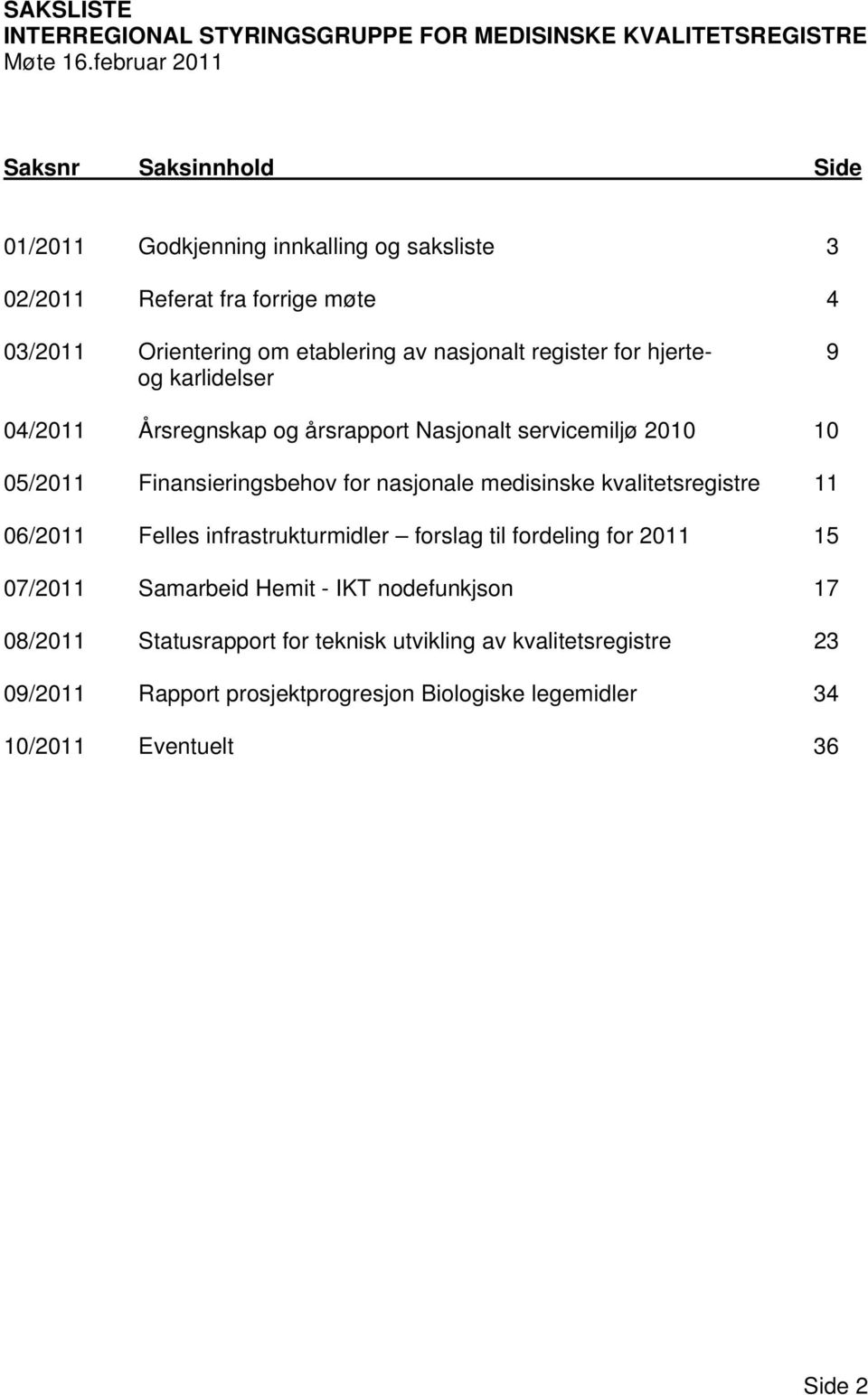 register for hjerte- 9 og karlidelser 04/2011 Årsregnskap og årsrapport Nasjonalt servicemiljø 2010 10 05/2011 Finansieringsbehov for nasjonale medisinske kvalitetsregistre