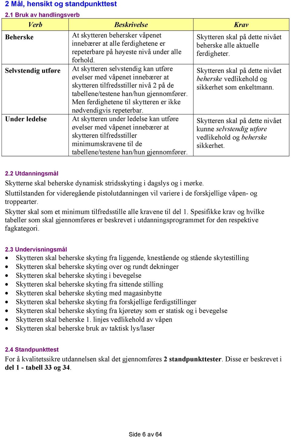 At skytteren selvstendig kan utføre øvelser med våpenet innebærer at skytteren tilfredsstiller nivå 2 på de tabellene/testene han/hun gjennomfører.