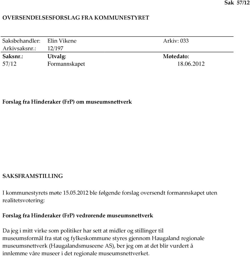 2012 ble følgende forslag oversendt formannskapet uten realitetsvotering: Forslag fra Hinderaker (FrP) vedrørende museumsnettverk Da jeg i mitt virke som politiker