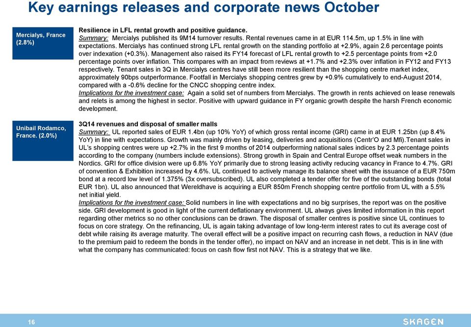 Mercialys has continued strong LFL rental growth on the standing portfolio at +2.9%, again 2.6 percentage points over indexation (+0.3%).