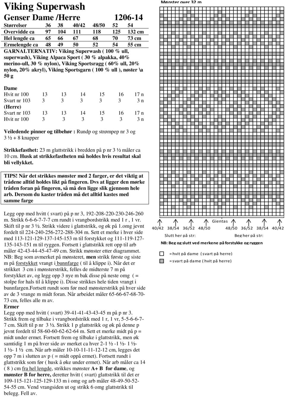 % ull ), nøster \a 50 g Mønster over 32 m Dame Hvit nr 100 13 13 14 15 16 17 n Svart nr 103 3 3 3 3 3 3 n (Herre) Svart nr 103 13 13 14 15 16 17 n Hvit nr 100 3 3 3 3 3 3 n Veiledende pinner og