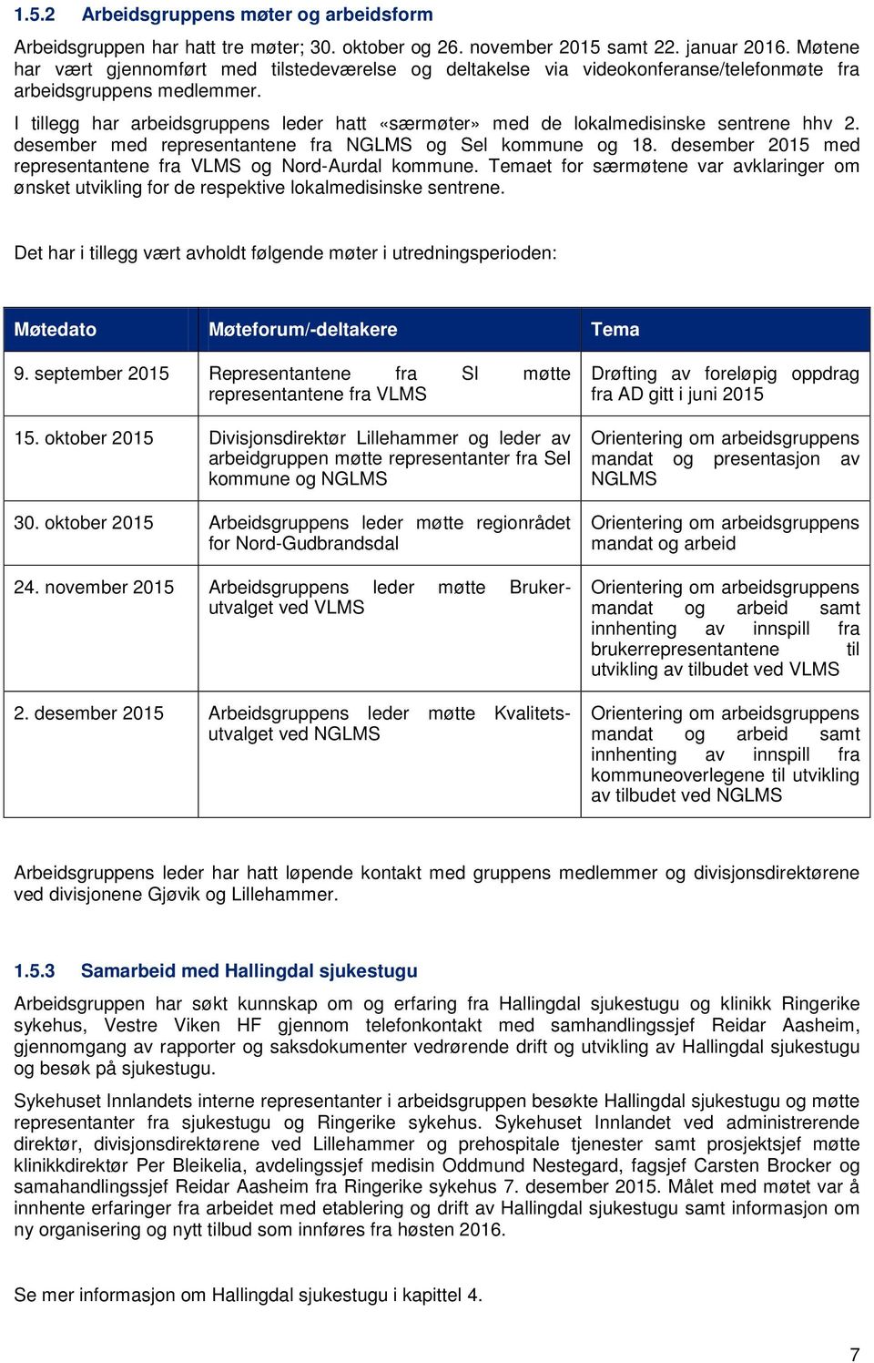 I tillegg har arbeidsgruppens leder hatt «særmøter» med de lokalmedisinske sentrene hhv 2. desember med representantene fra NGLMS og Sel kommune og 18.