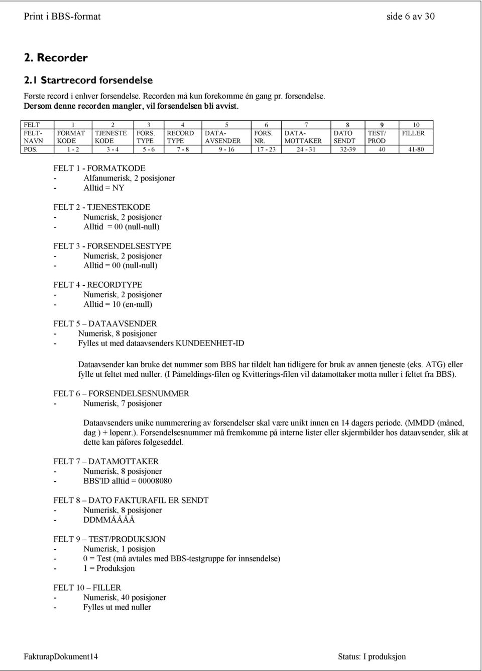 1 2 3 4 5 6 7 8 9 16 17 23 24 31 32 39 40 41 80 FELT 1 FORMATKODE Alfanumerisk, 2 posisjoner Alltid = FELT 2 TJENESTEKODE Alltid = 00 (null null) FELT 3 FORSENDELSESTYPE Alltid = 00 (null null) FELT