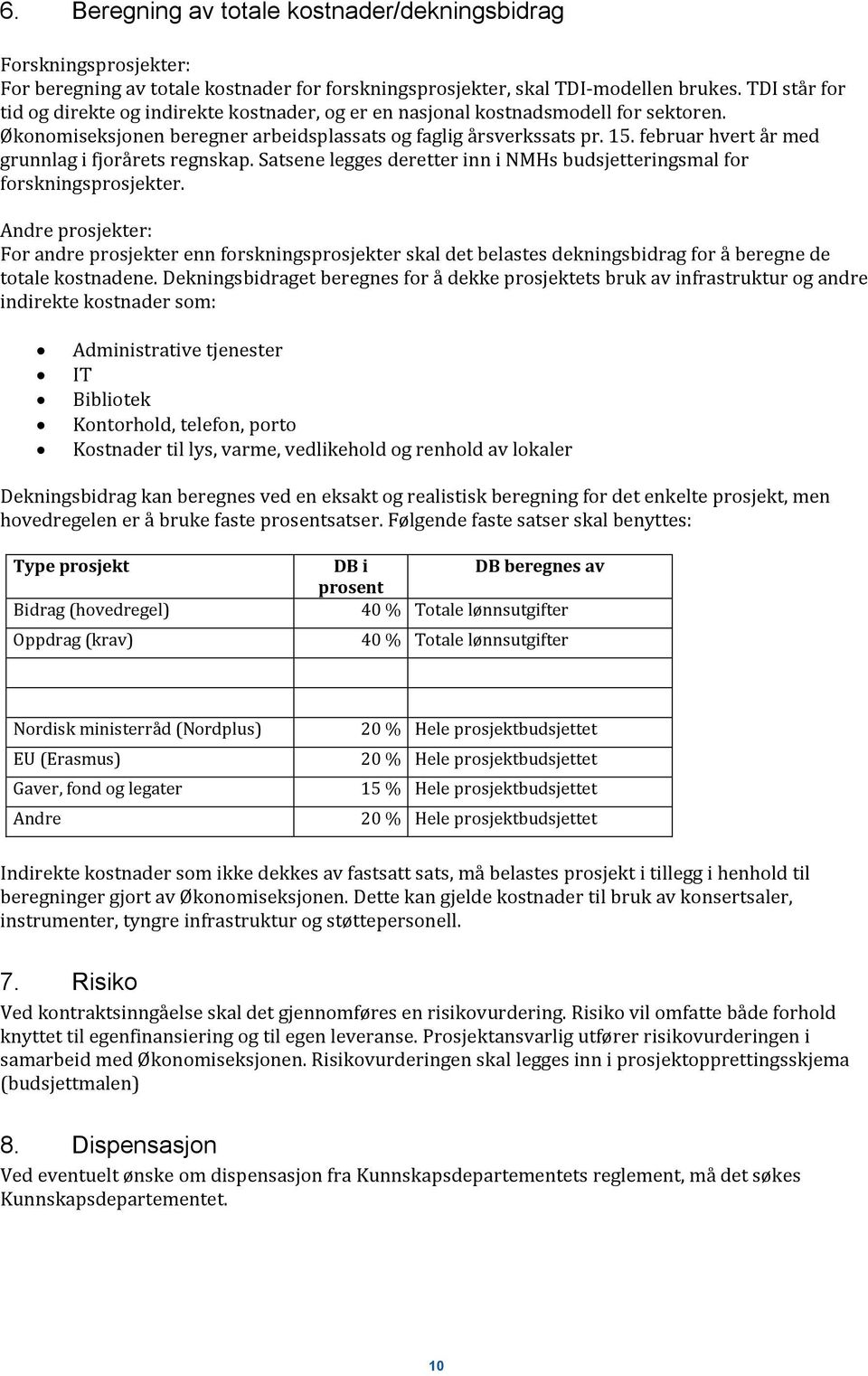 februar hvert år med grunnlag i fjorårets regnskap. Satsene legges deretter inn i NMHs budsjetteringsmal for forskningsprosjekter.