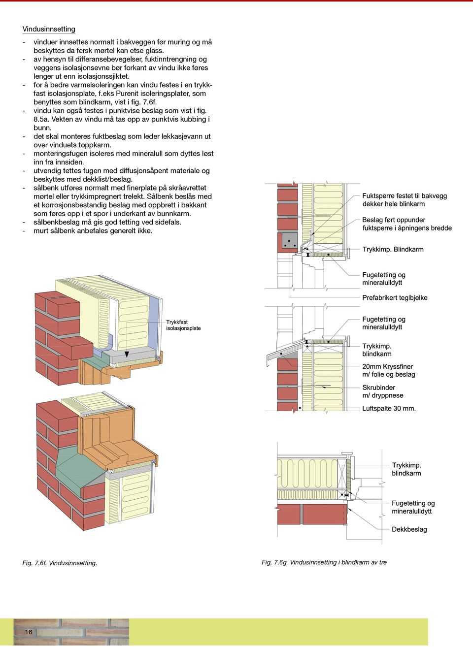 - for å bedre varmeisoleringen kan vindu festes i en trykkfast isolasjonsplate, f.eks Purenit isoleringsplater, som benyttes som blindkarm, vist i fig. 7.6f.