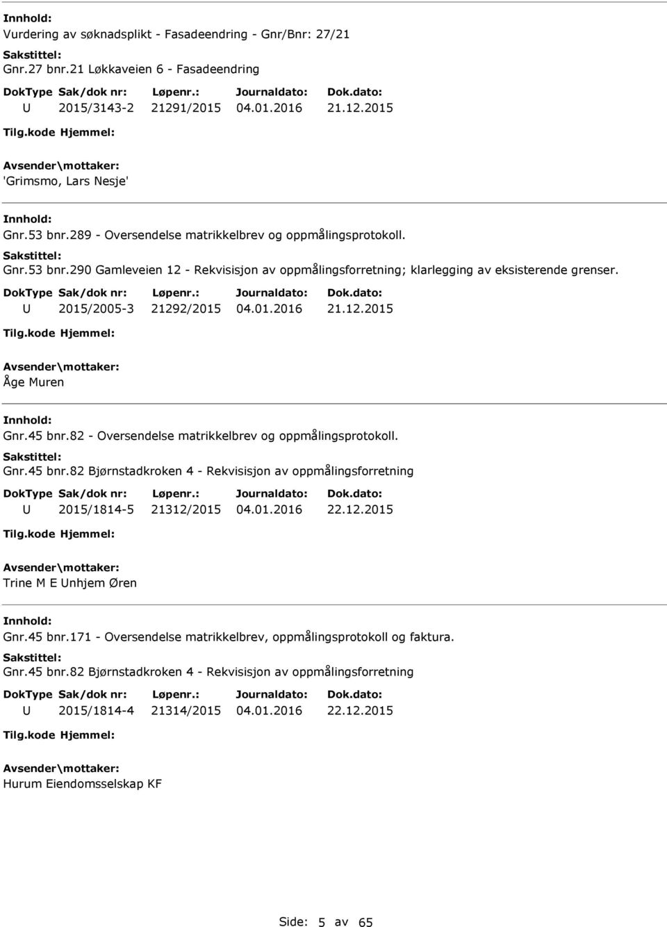 45 bnr.82 - Oversendelse matrikkelbrev og oppmålingsprotokoll. Gnr.45 bnr.82 Bjørnstadkroken 4 - Rekvisisjon av oppmålingsforretning 2015/1814-5 21312/2015 22.12.2015 Trine M E nhjem Øren Gnr.