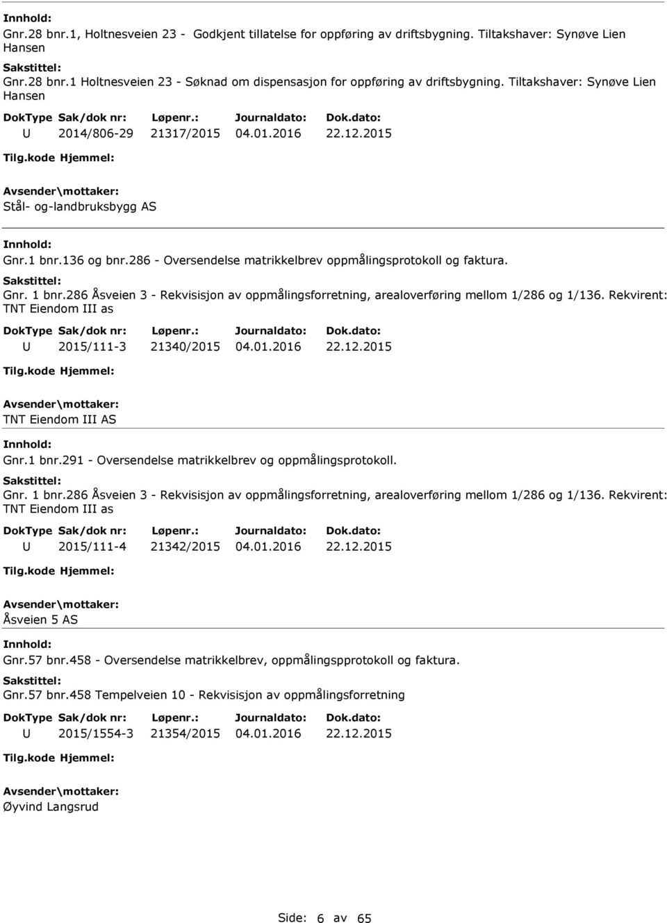 286 Åsveien 3 - Rekvisisjon av oppmålingsforretning, arealoverføring mellom 1/286 og 1/136. Rekvirent: TNT Eiendom as 2015/111-3 21340/2015 22.12.2015 TNT Eiendom S Gnr.1 bnr.
