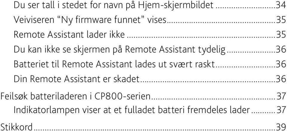 ..36 Batteriet til Remote Assistant lades ut svært raskt...36 Din Remote Assistant er skadet.