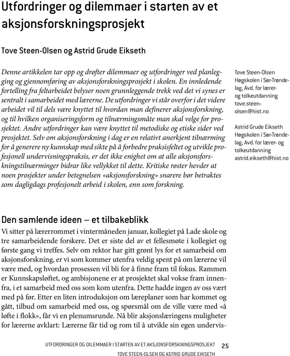 De utfordringer vi står overfor i det videre arbeidet vil til dels være knyttet til hvordan man definerer aksjonsforskning, og til hvilken organiseringsform og tilnærmingsmåte man skal velge for