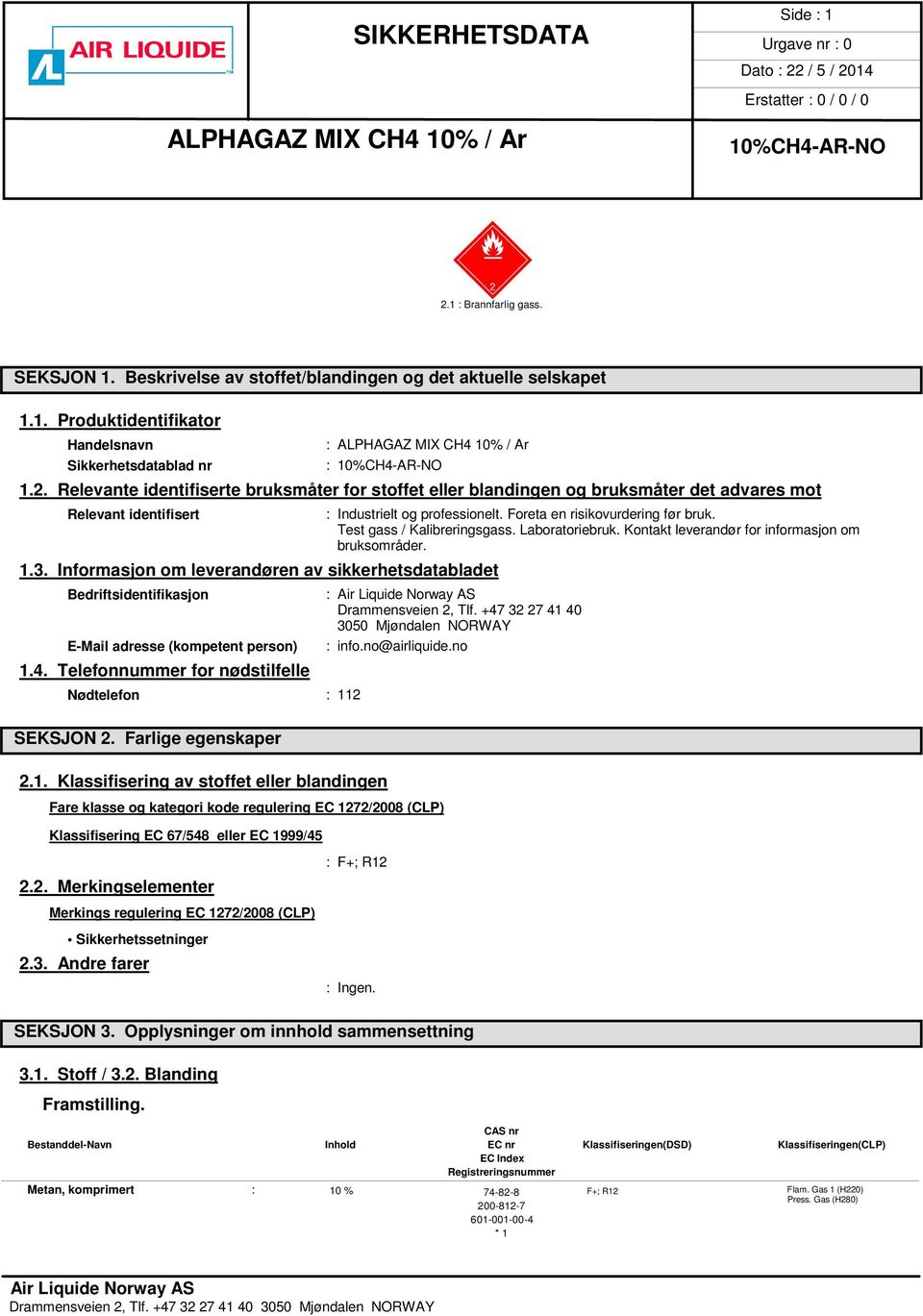 Informasjon om leverandøren av sikkerhetsdatabladet Bedriftsidentifikasjon E-Mail adresse (kompetent person) 1.4. Telefonnummer for nødstilfelle Nødtelefon : 112 SEKSJON 2.