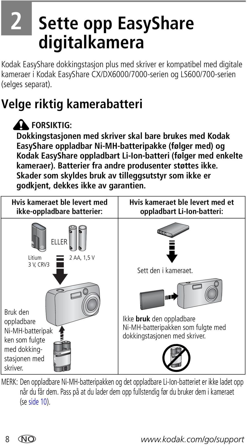 med enkelte kameraer). Batterier fra andre produsenter støttes ikke. Skader som skyldes bruk av tilleggsutstyr som ikke er godkjent, dekkes ikke av garantien.