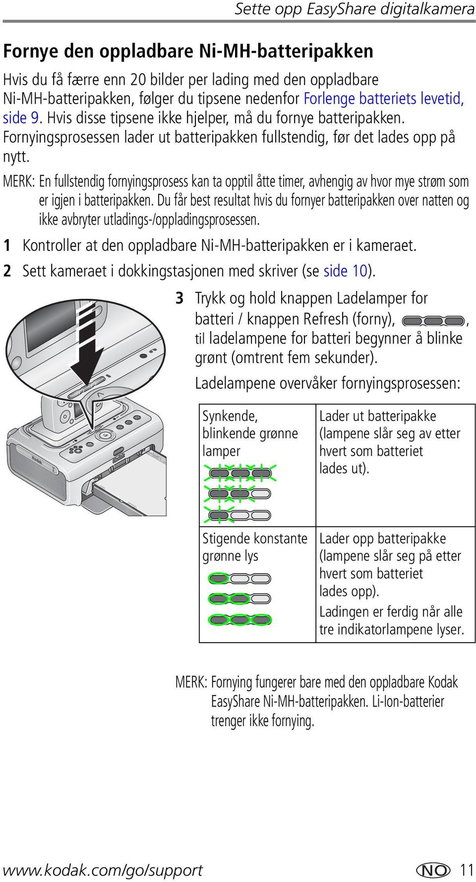 MERK: En fullstendig fornyingsprosess kan ta opptil åtte timer, avhengig av hvor mye strøm som er igjen i batteripakken.