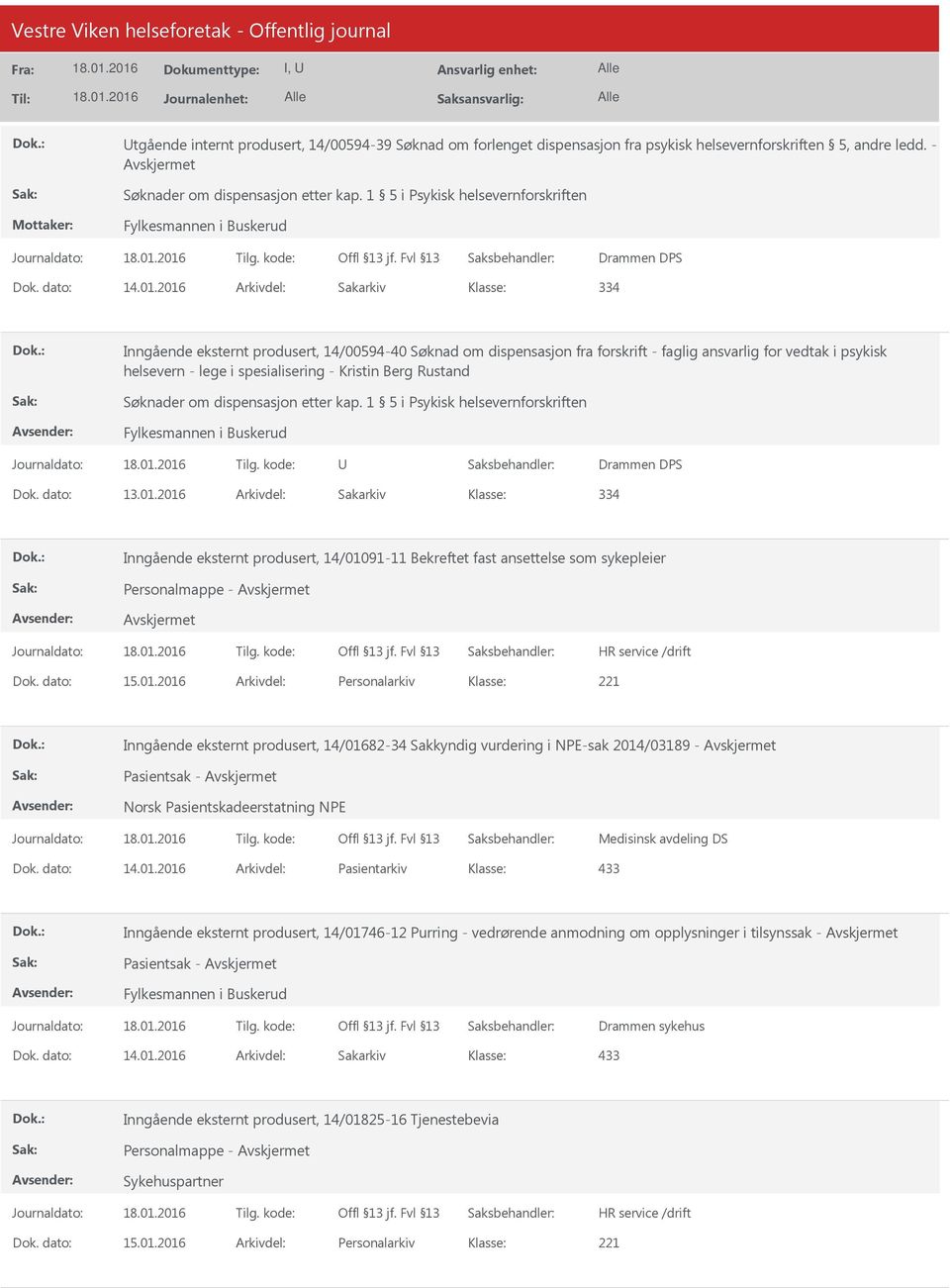 2016 Arkivdel: Sakarkiv 334 Inngående eksternt produsert, 14/00594-40 Søknad om dispensasjon fra forskrift - faglig ansvarlig for vedtak i psykisk helsevern - lege i spesialisering - Kristin Berg