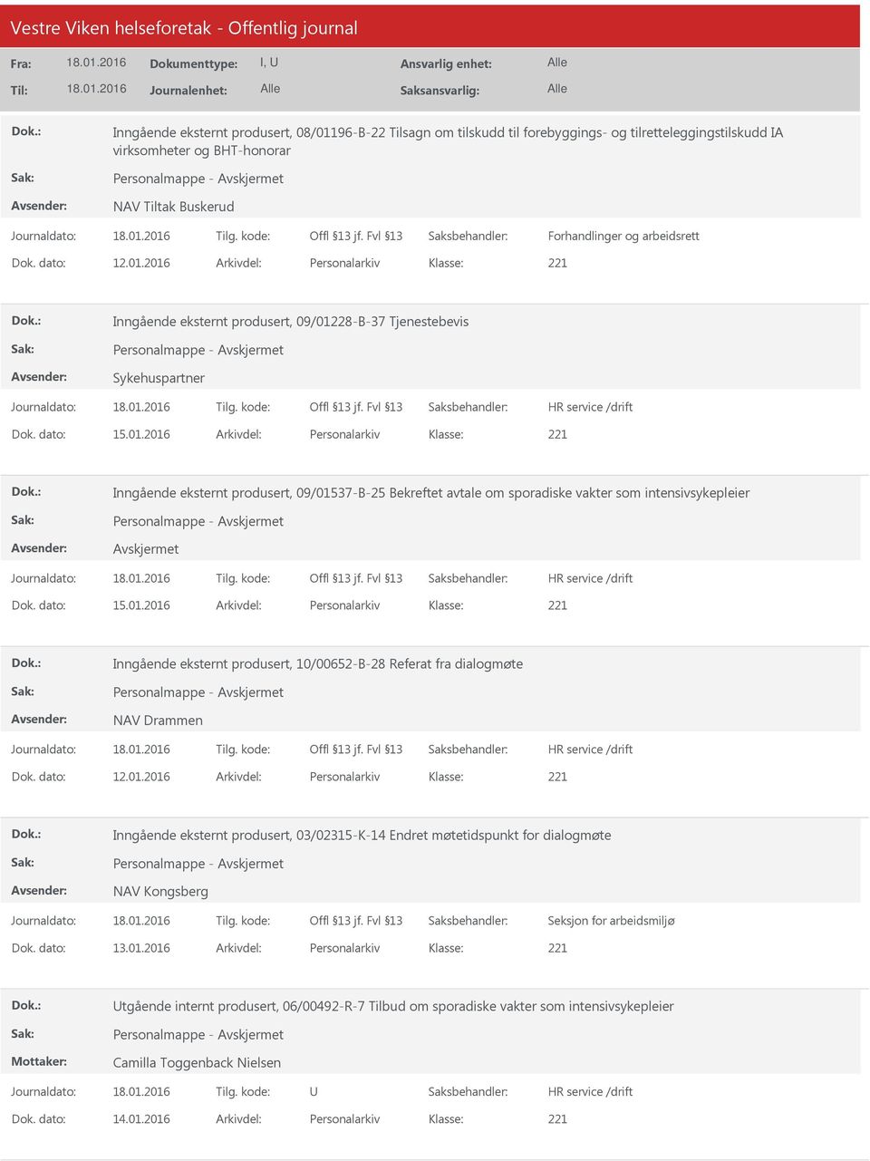 dato: 15.01.2016 Arkivdel: Personalarkiv Inngående eksternt produsert, 10/00652-B-28 Referat fra dialogmøte Personalmappe - NAV Drammen Dok. dato: 12.01.2016 Arkivdel: Personalarkiv Inngående eksternt produsert, 03/02315-K-14 Endret møtetidspunkt for dialogmøte Personalmappe - NAV Kongsberg Seksjon for arbeidsmiljø Dok.