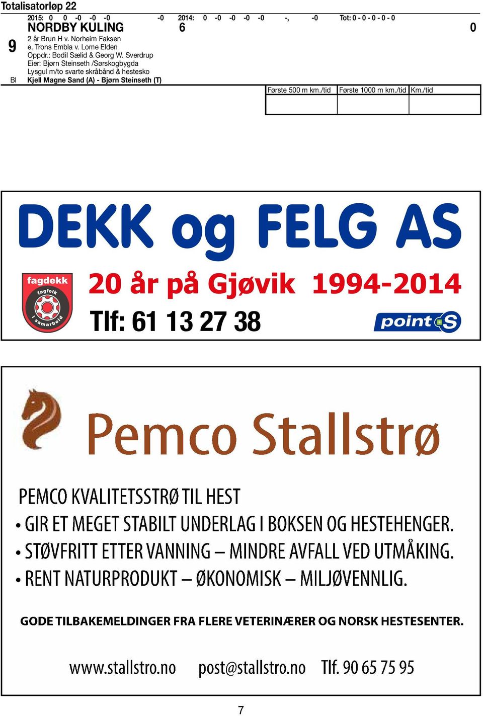 /tid Første 1000 m km./tid Km./tid Tlf: 61 13 27 38 Pemco Stallstrø PEMCO KVALITETSSTRØ TIL HEST GIR ET MEGET STALT UNDERLAG I OKSEN OG HESTEHENGER.