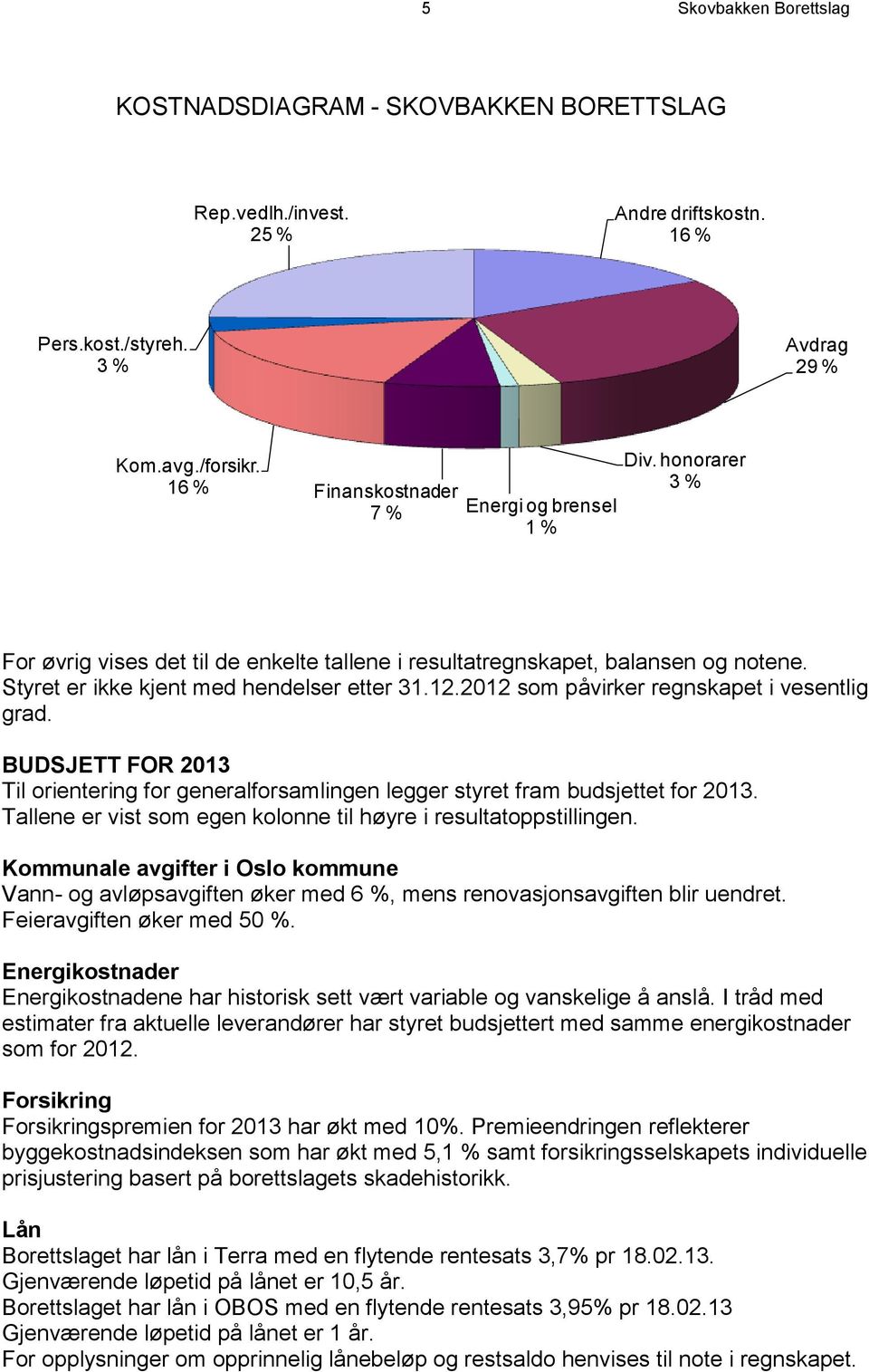 2012 som påvirker regnskapet i vesentlig grad. BUDSJETT FOR 2013 Til orientering for generalforsamlingen legger styret fram budsjettet for 2013.