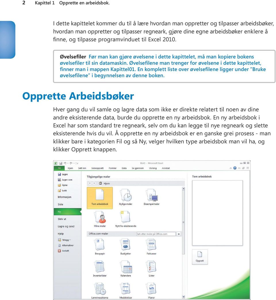 programvinduet til Excel 2010. Øvelsefiler Før man kan gjøre øvelsene i dette kapittelet, må man kopiere bokens øvelsefiler til sin datamaskin.