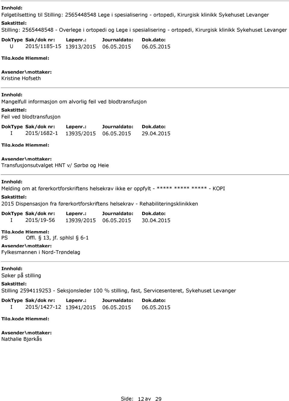 2015 Transfusjonsutvalget HNT v/ Sørbø og Heie Melding om at førerkortforskriftens helsekrav ikke er oppfylt - ***** ***** ***** - KOP 2015 Dispensasjon fra førerkortforskriftens helsekrav -