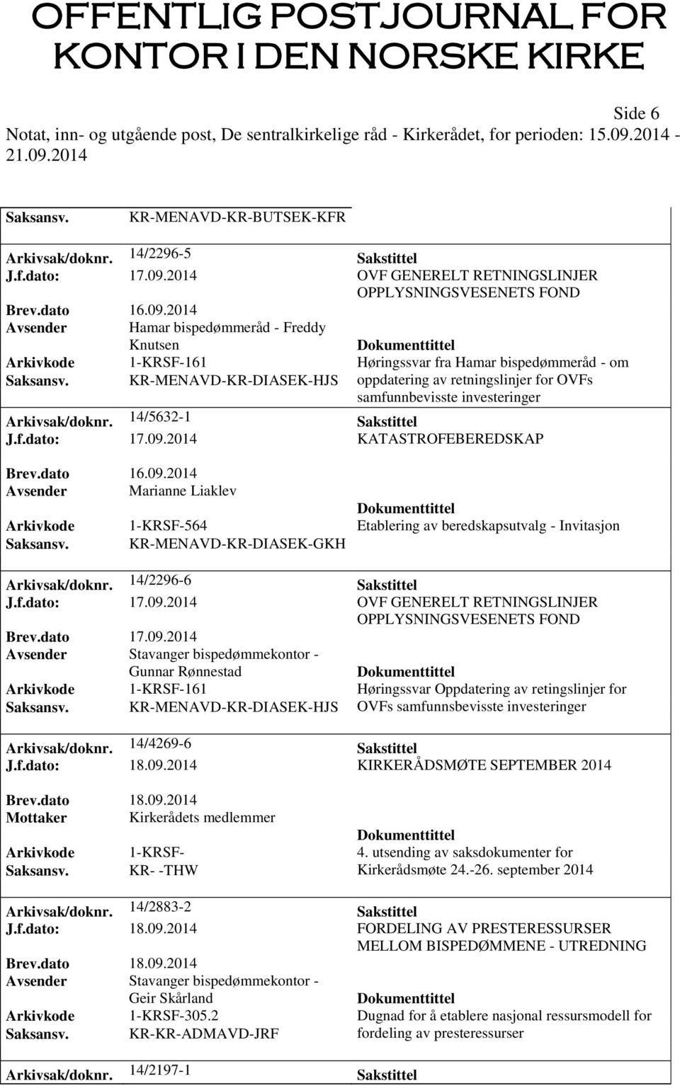 KR-MENAVD-KR-DIASEK-HJS oppdatering av retningslinjer for OVFs samfunnbevisste investeringer Arkivsak/doknr. 14/5632-1 Sakstittel J.f.dato: 17.09.