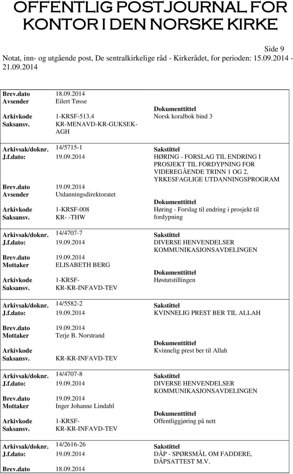 endring i prosjekt til Saksansv. KR- -THW fordypning Arkivsak/doknr. 14/4707-7 Sakstittel J.f.dato: 19.09.