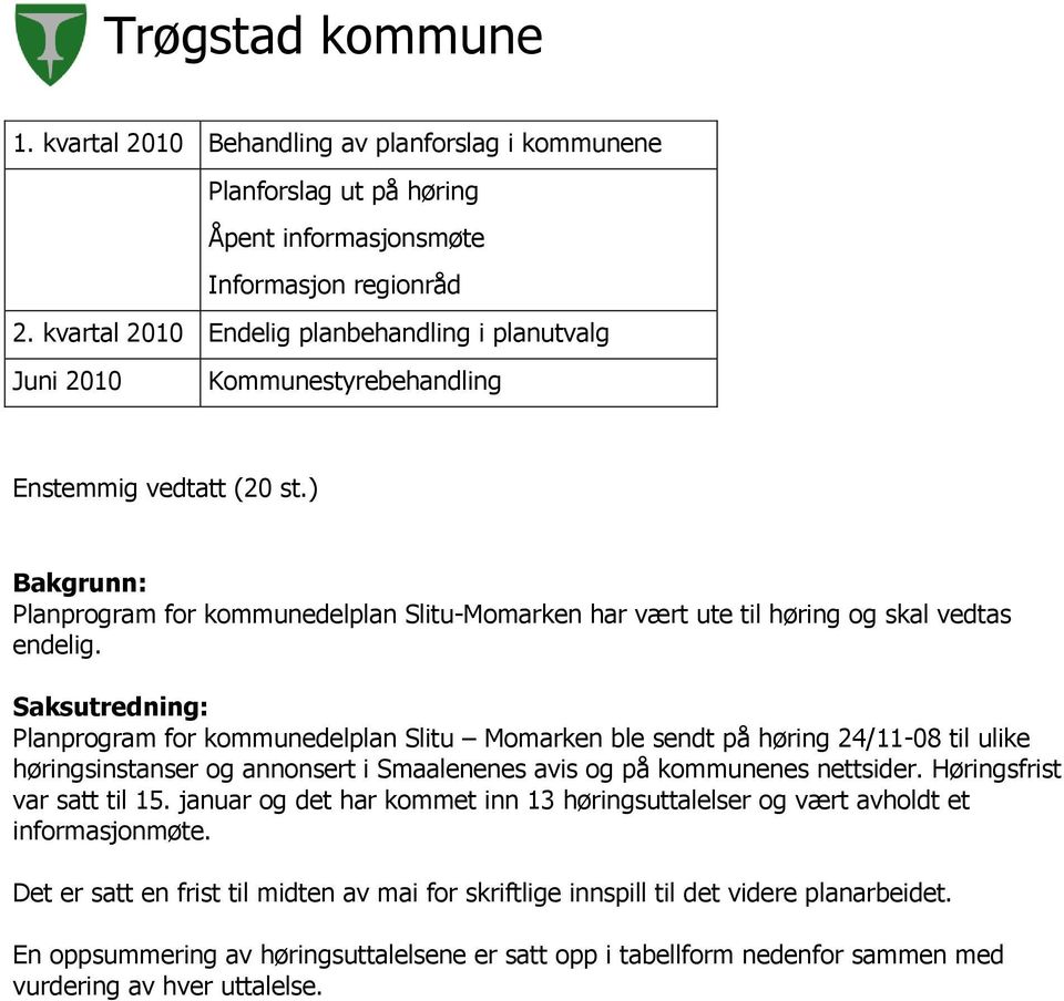 ) Bakgrunn: Planprogram for kommunedelplan Slitu-Momarken har vært ute til høring og skal vedtas endelig.