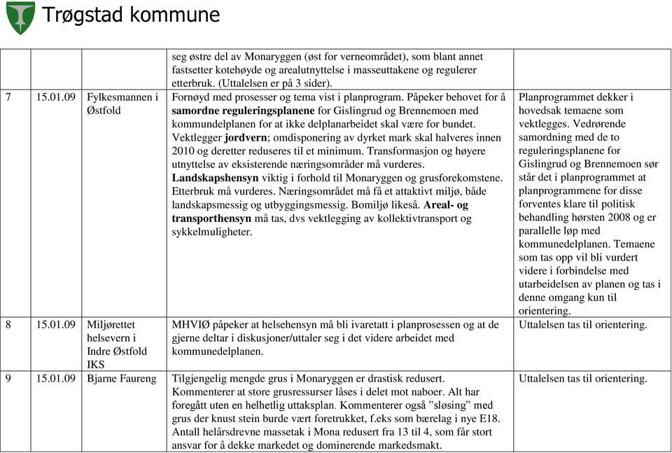 Påpeker behovet for å samordne reguleringsplanene for Gislingrud og Brennemoen med kommundelplanen for at ikke delplanarbeidet skal være for bundet.