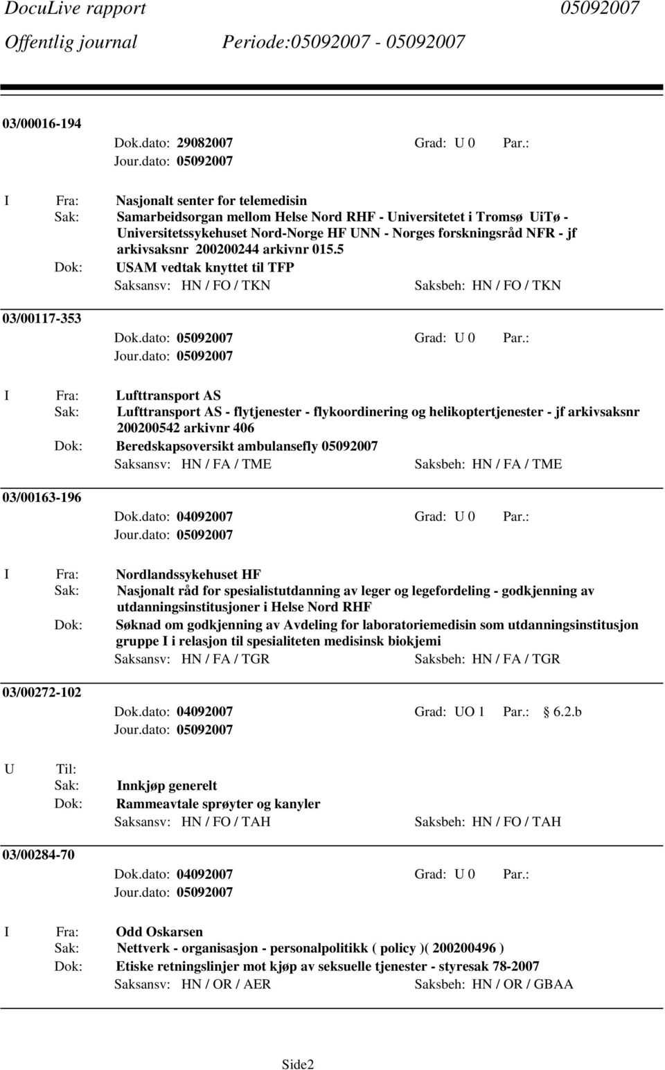 arkivnr 015.5 USAM vedtak knyttet til TFP Saksansv: HN / FO / TKN Saksbeh: HN / FO / TKN 03/00117-353 Dok.dato: 05092007 Grad: U 0 Par.