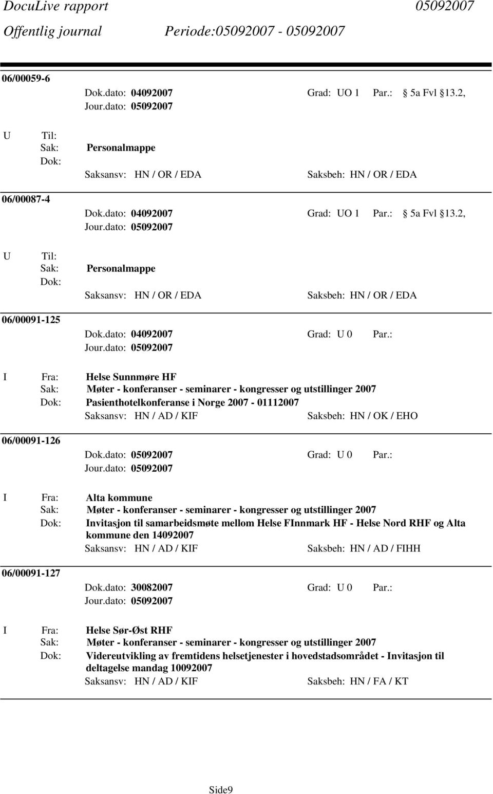 2, U Til: Personalmappe Saksansv: HN / OR / EDA Saksbeh: HN / OR / EDA 06/00091-125 Helse Sunnmøre HF Møter - konferanser - seminarer - kongresser og utstillinger 2007 Pasienthotelkonferanse i Norge