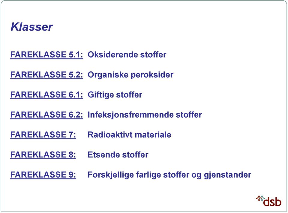 2: Infeksjonsfremmende stoffer FAREKLASSE 7: FAREKLASSE 8: FAREKLASSE