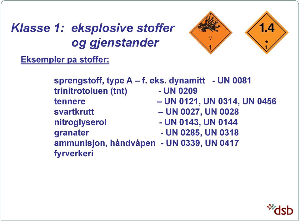 dynamitt - UN 0081 trinitrotoluen (tnt) - UN 0209 tennere UN 0121, UN 0314, UN