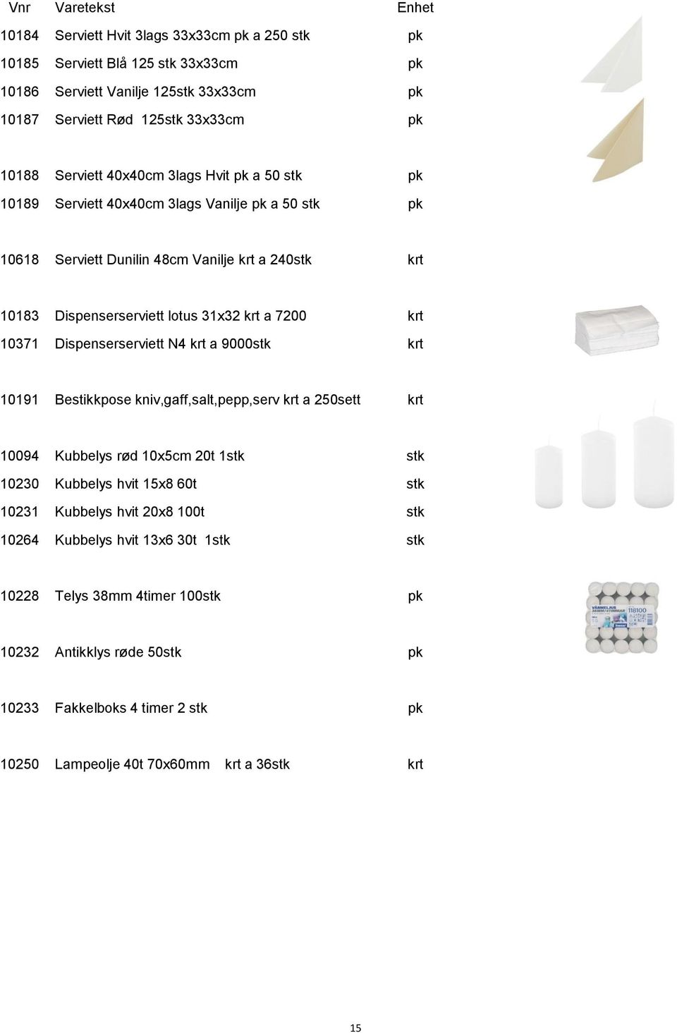 Dispenserserviett N4 krt a 9000stk krt 10191 Bestikkpose kniv,gaff,salt,pepp,serv krt a 250sett krt 10094 Kubbelys rød 10x5cm 20t 1stk stk 10230 Kubbelys hvit 15x8 60t stk 10231 Kubbelys hvit