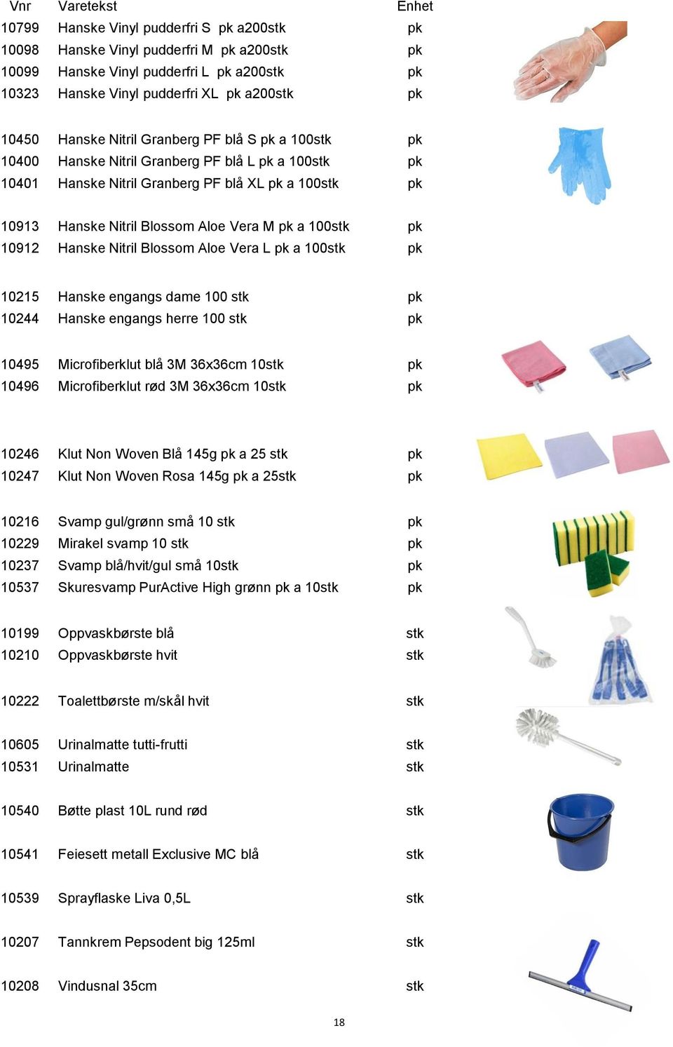 pk 10912 Hanske Nitril Blossom Aloe Vera L pk a 100stk pk 10215 Hanske engangs dame 100 stk pk 10244 Hanske engangs herre 100 stk pk 10495 Microfiberklut blå 3M 36x36cm 10stk pk 10496 Microfiberklut