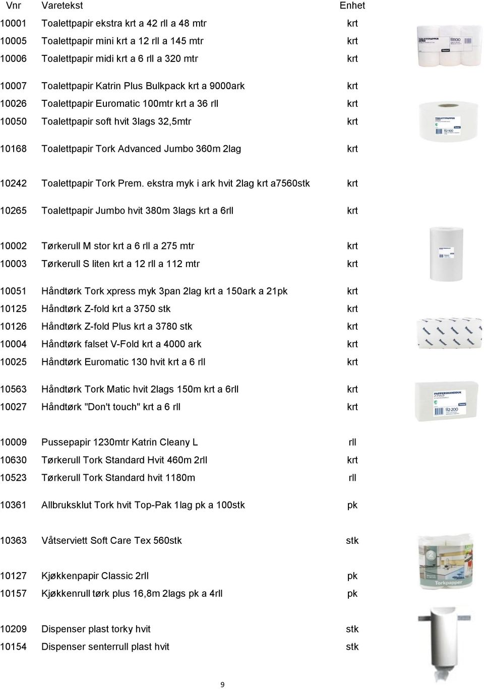 ekstra myk i ark hvit 2lag krt a7560stk krt 10265 Toalettpapir Jumbo hvit 380m 3lags krt a 6rll krt 10002 Tørkerull M stor krt a 6 rll a 275 mtr krt 10003 Tørkerull S liten krt a 12 rll a 112 mtr krt