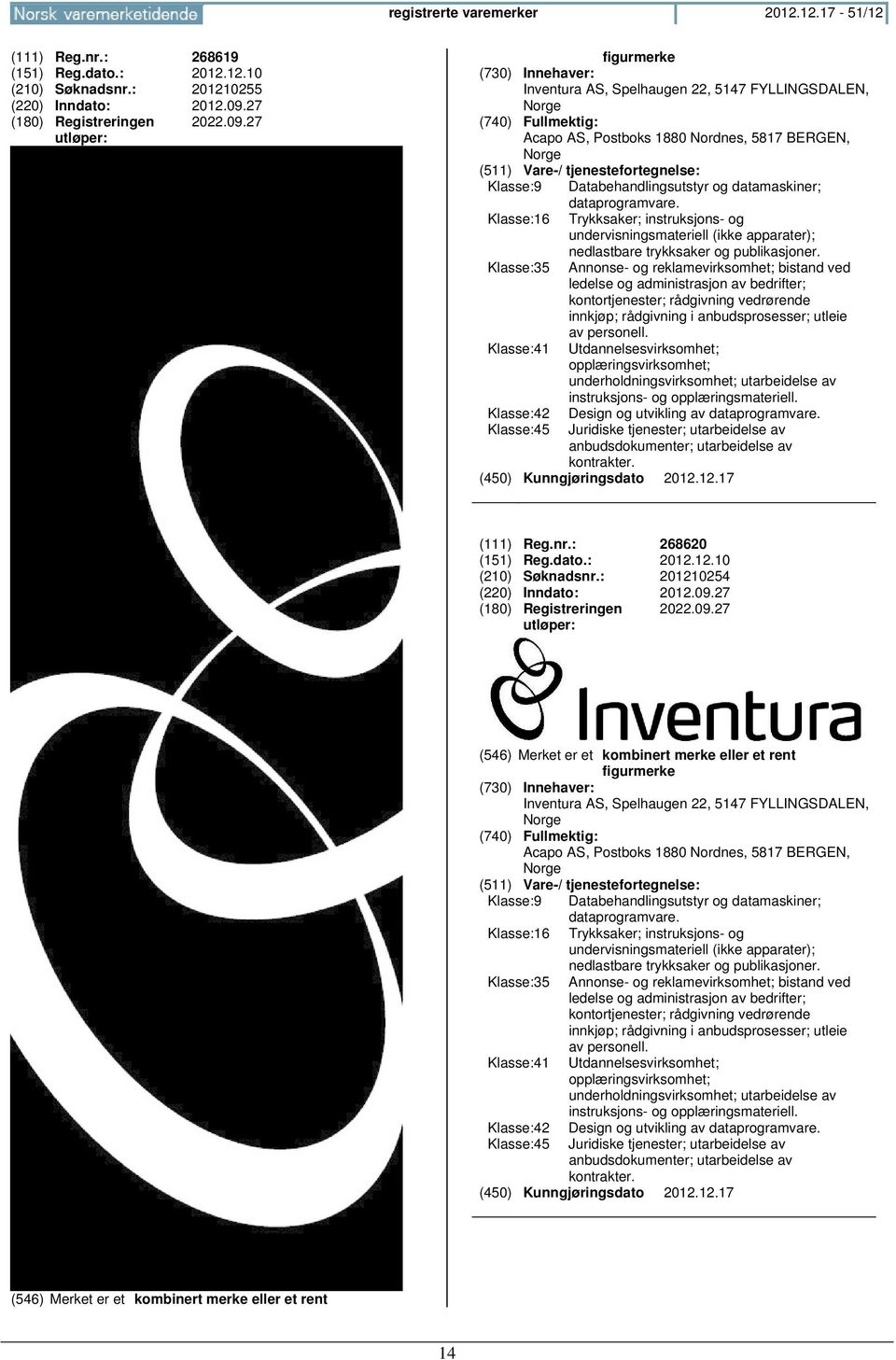 27 Inventura AS, Spelhaugen 22, 5147 FYLLINGSDALEN, Norge Acapo AS, Postboks 1880 Nordnes, 5817 BERGEN, Norge Klasse:9 Databehandlingsutstyr og datamaskiner; dataprogramvare.